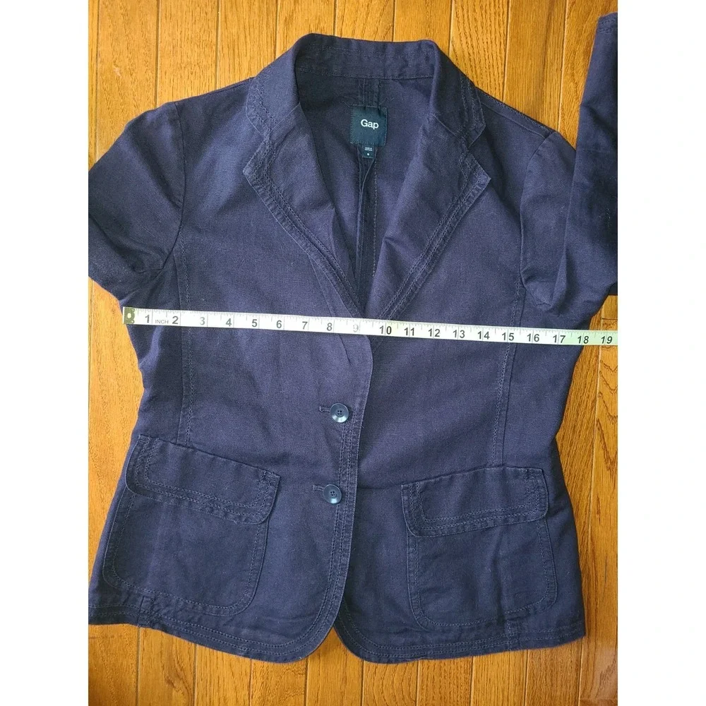 Gap Blazer Womens 6 Navy‎ Blue Linen Blend Notch Lapel 3/4 Sleeve Prep Academic